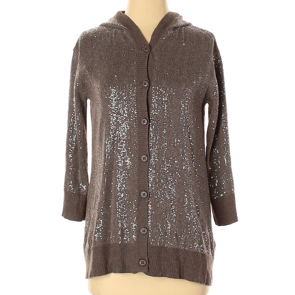 EUC! Alice+Olivia Designer Shimmery Brown Metallic Sequin Hood Cardigan Size XS